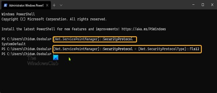 Set PowerShell to use TLS 1.2