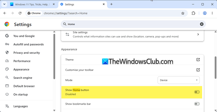 Show Home button in Chrome browser