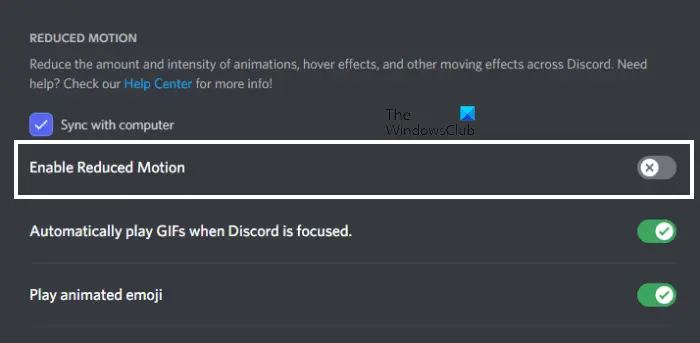 Turn off Reduced Motion in Discord