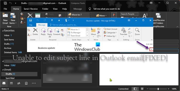 Unable to edit subject line in Outlook email