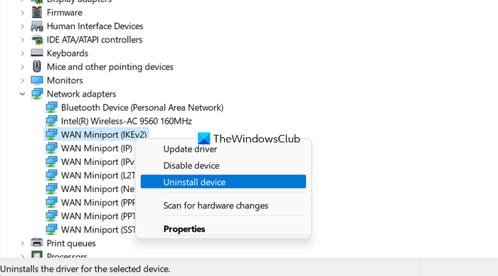 Uninstall WAN Miniport adapters