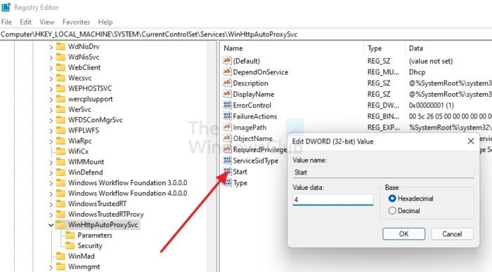WinHTTPAutoProxySVC Start Registry