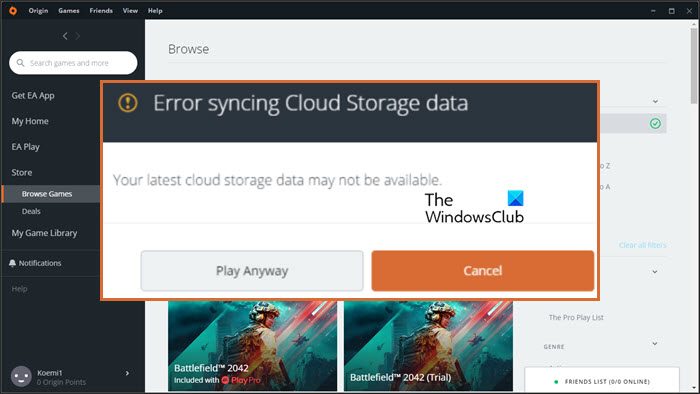 Origin Error Syncing Cloud Storage Data