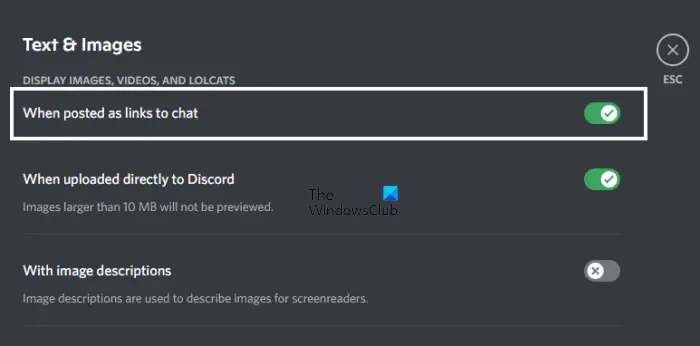 configure Text and Images setting in Discord