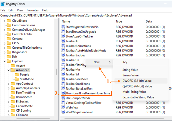 create ThumbnailLivePreviewHoverTime DWORD value