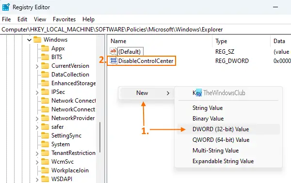 create disablecontrolcenter dword value