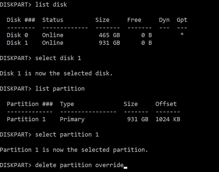 delete partition override command