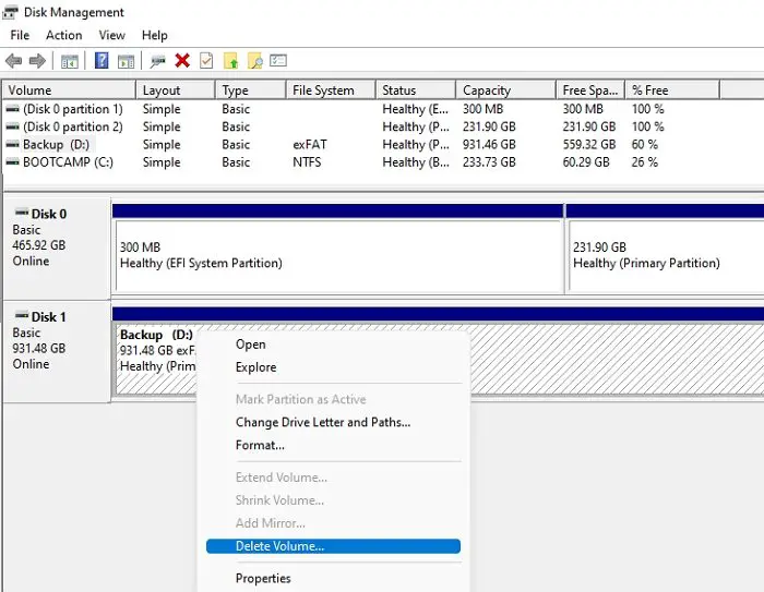 delete volume disk management tool