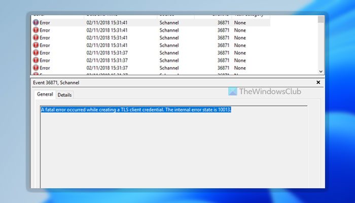 A fatal error occurred while creating a TLS client credential  10013  - 18
