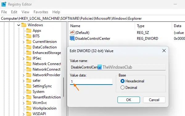 set disablecontrolcenter value data 1