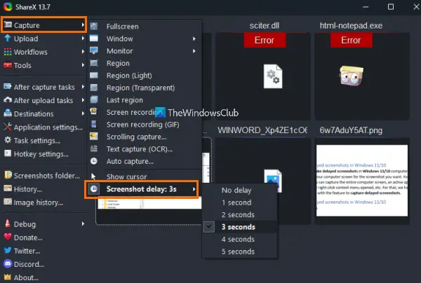 sharex tool with screenshot delay