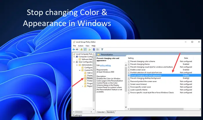 Stop Users from Changing Color and Appearance in Windows 11/10