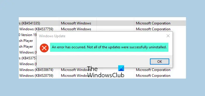An error has occurred, Not all of the updates were successfully uninstalled