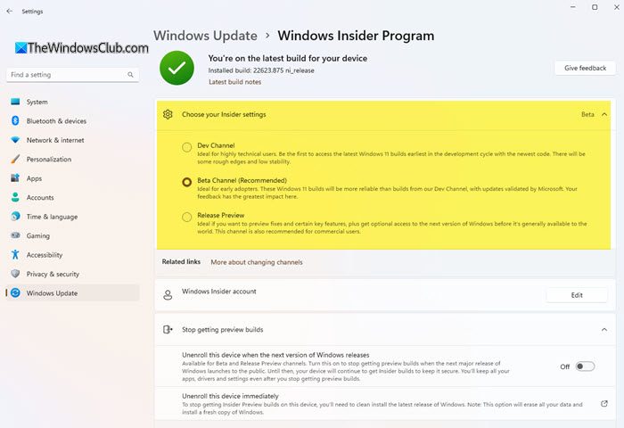 Change Windows Insider Channel