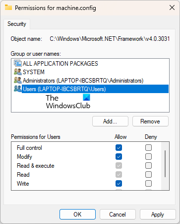 Change machine.config file permissions