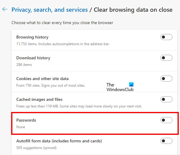 Check Clear browsing data setting in Edge