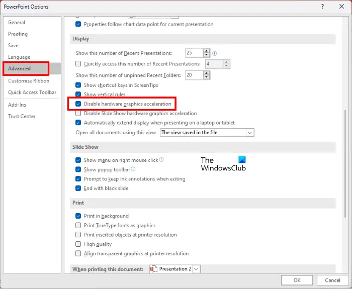 Disable Hardware Graphics Acceleration in PowerPoint