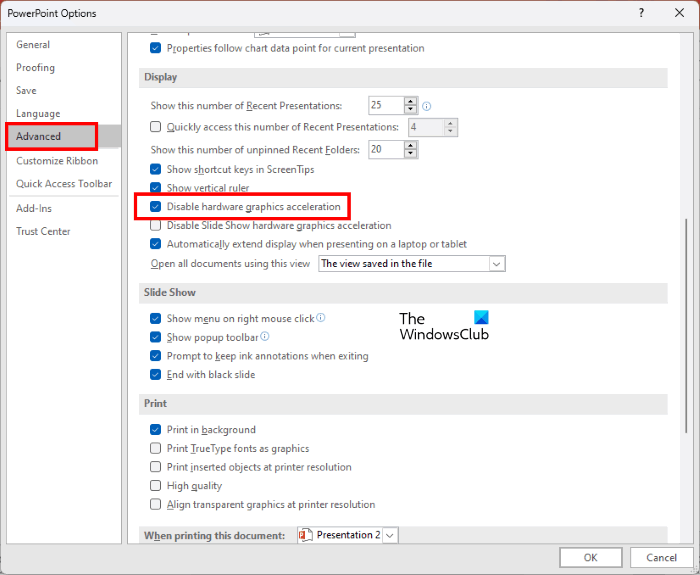 Disable Hardware Graphics Acceleration in PowerPoint