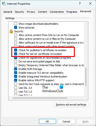 Enable certificate revocation settings