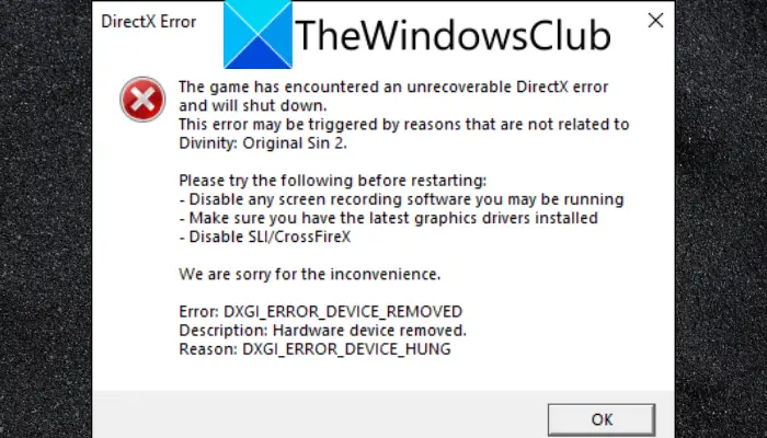 Divinity Original Sin 2 encountered an unrecoverable DirectX error