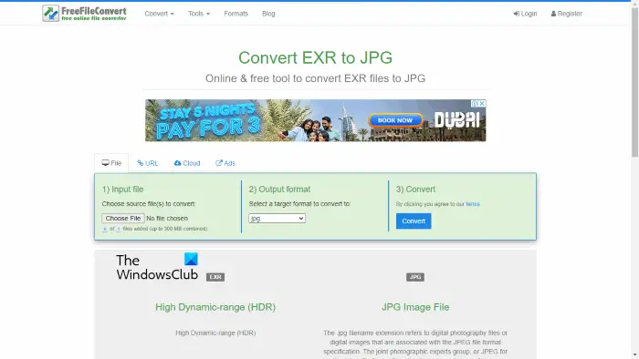 FreeFileConvert online EXR to JPG converter