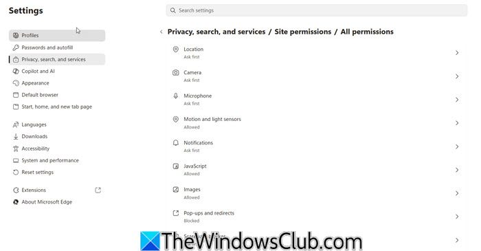 Manage Site permissions on Microsoft Edge