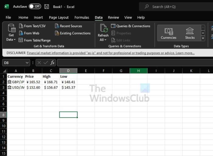 Microsoft Excel Data Currencies