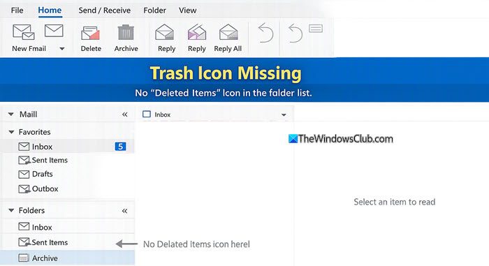 Outlook Trash icon missing