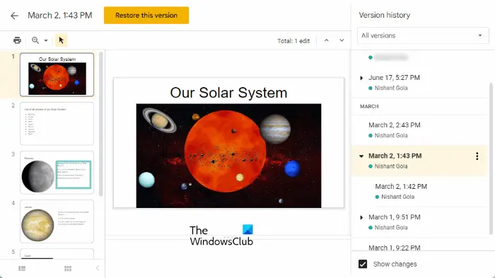 View version history in Google Slides
