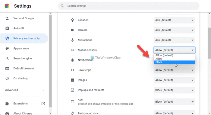 How to allow or block sensors for specific sites on Chrome