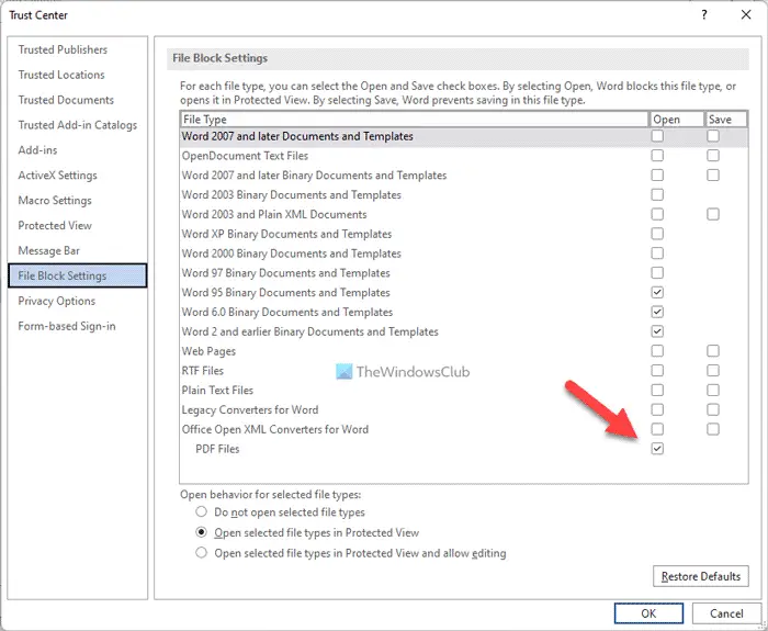 How to always open PDF files in Protected View in Word