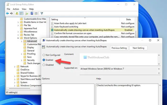 How to automatically create drawing canvas in Word using Group Policy