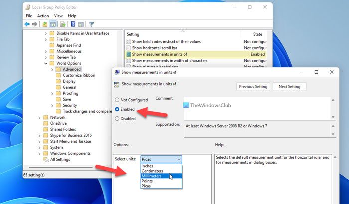 How to change Ruler unit in Word, Excel, PowerPoint using Group Policy