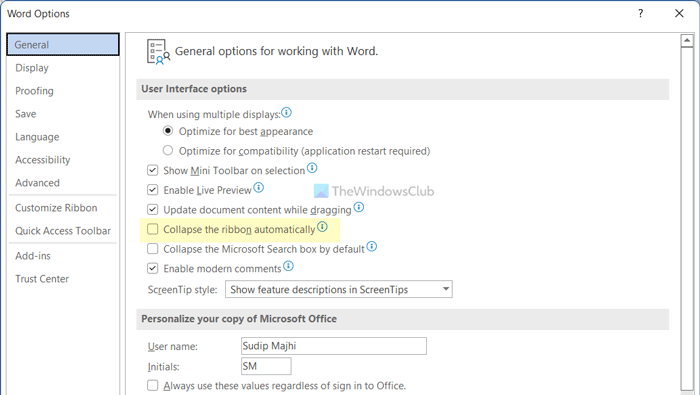 How to collapse the Ribbon automatically in Word, Excel, PowerPoint