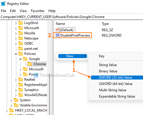 create disableprintpreview dword value