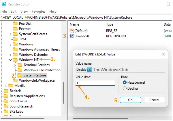 disable system restore using registry