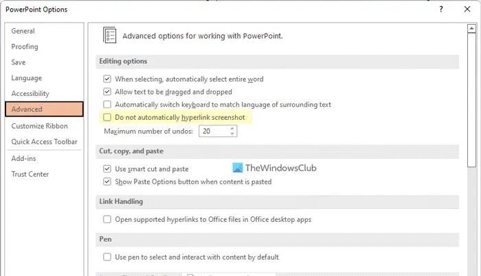 How to prevent Word, Excel, PowerPoint from hyperlinking screenshots automatically