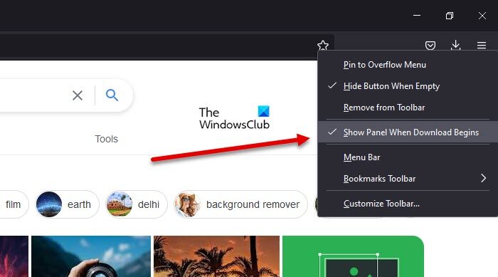 disable Download Panel automatic opening in Firefox