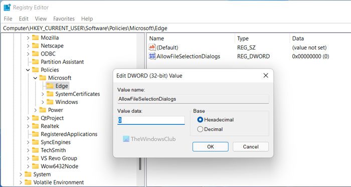 How to enable or disable file selection dialogs in Edge