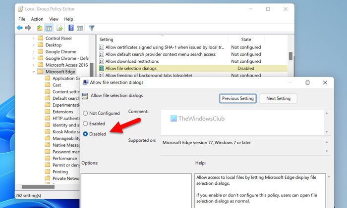 How to enable or disable Fle selection dialogs in Edge