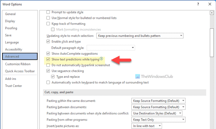 How to enable or disable text predictions while typing in Word