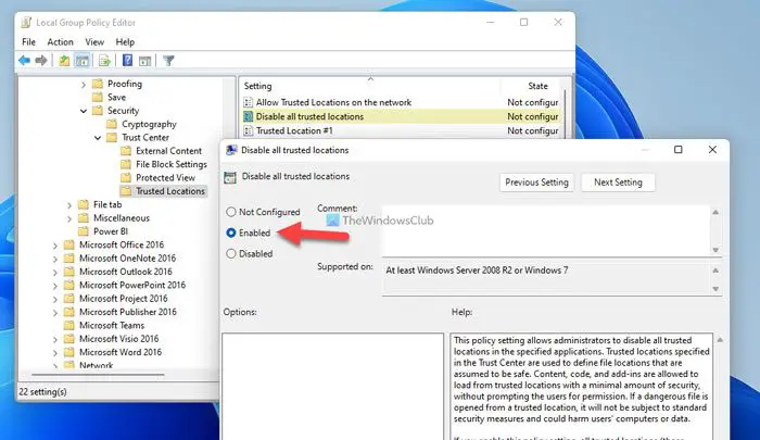 How to enable or disable Trusted Locations in Microsoft Office using Group Policy