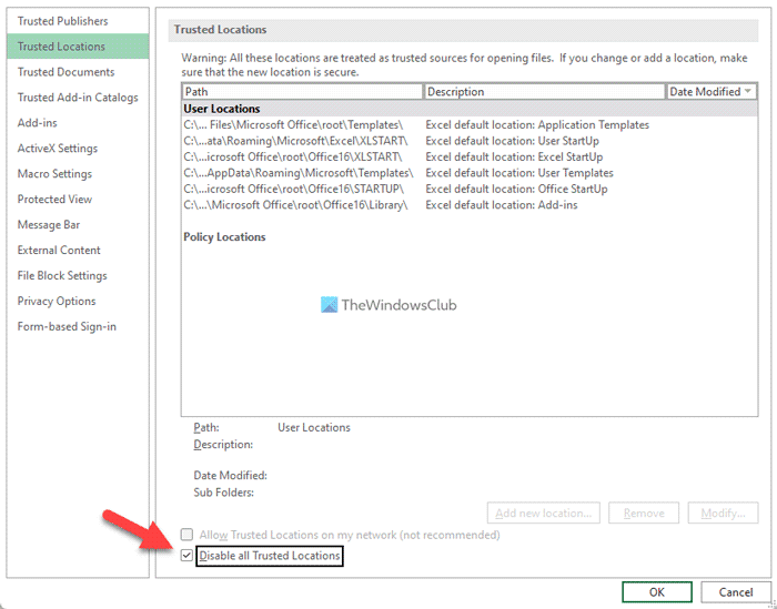 How to enable or disable Trusted Locations in Microsoft Office