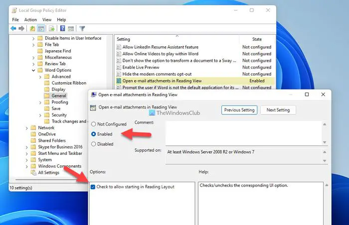 How to open email attachments in Reading View in Word using Group Policy