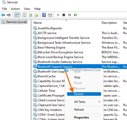 restart bluetooth support service