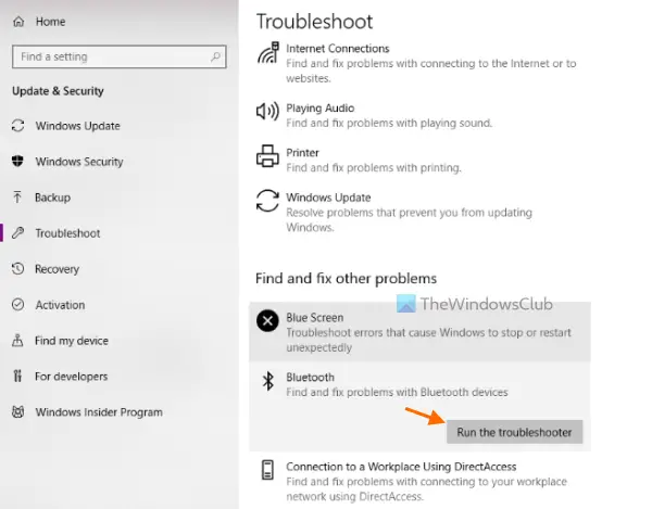 запустить средство устранения неполадок Bluetooth Windows 10