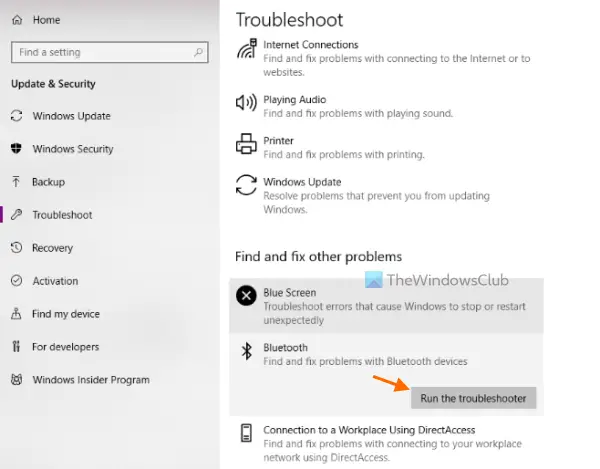 run bluetooth troubleshooter windows 10