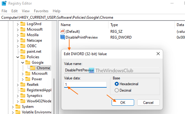 set disableprintpreview value data 1