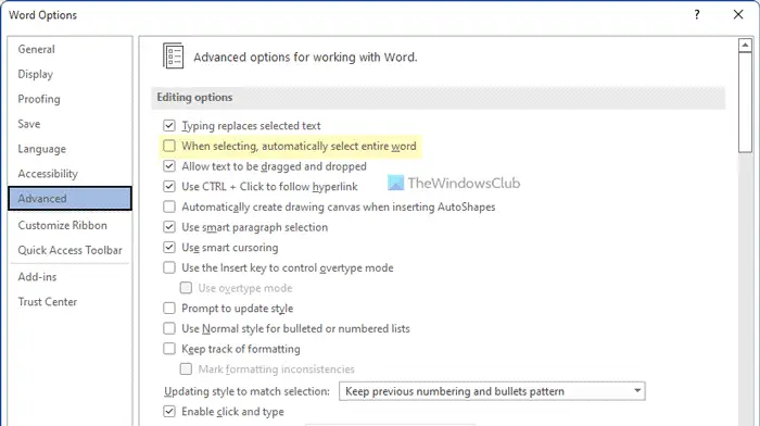 How to stop Word from selecting entire word automatically