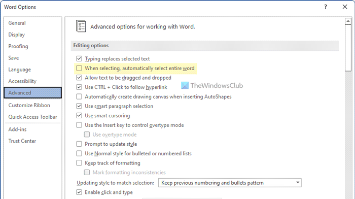 How to stop Word from selecting entire word automatically